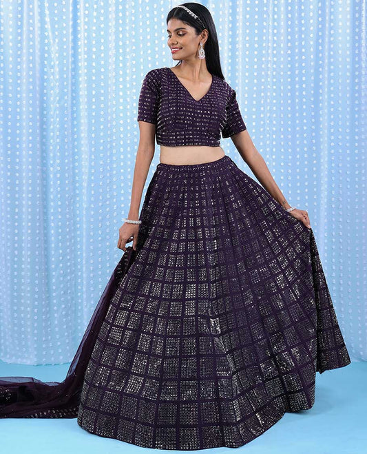 Purple georgette readymade lehenga, checked deisgn skirt in square & round shape stone & v-necked stone work crop top