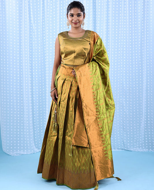 Green Banaras Softy Readymade lehenga with ogee pattern crop top with stone work, jaal jacquard skirt & banaras dupatta