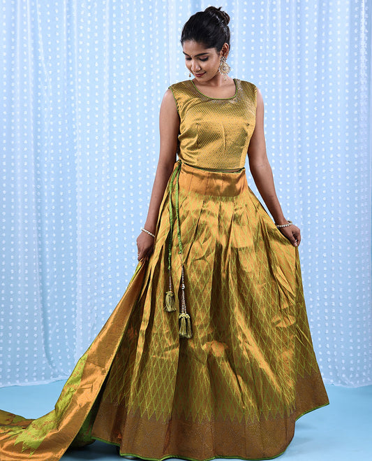 Green Banaras Softy Readymade lehenga with ogee pattern crop top with stone work, jaal jacquard skirt & banaras dupatta