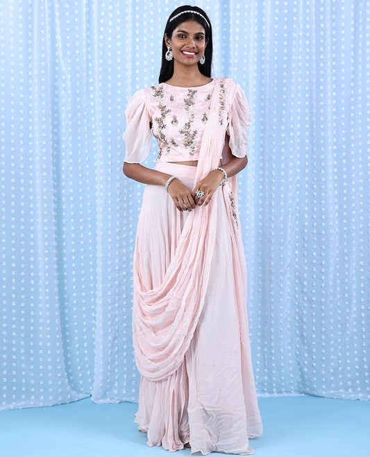 Baby pink intricate floral embroidered butterfly elbow sleeve attached dupatta chiffon readymade lehenga 