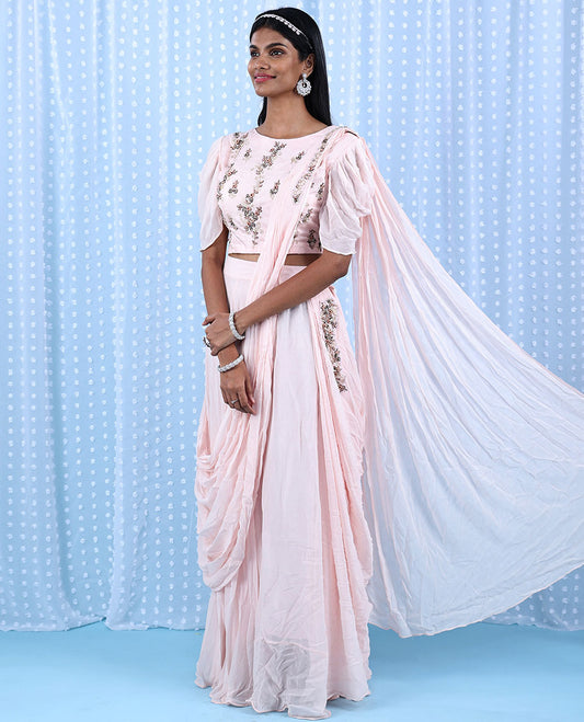 Baby pink intricate floral embroidered butterfly elbow sleeve attached dupatta chiffon readymade lehenga 