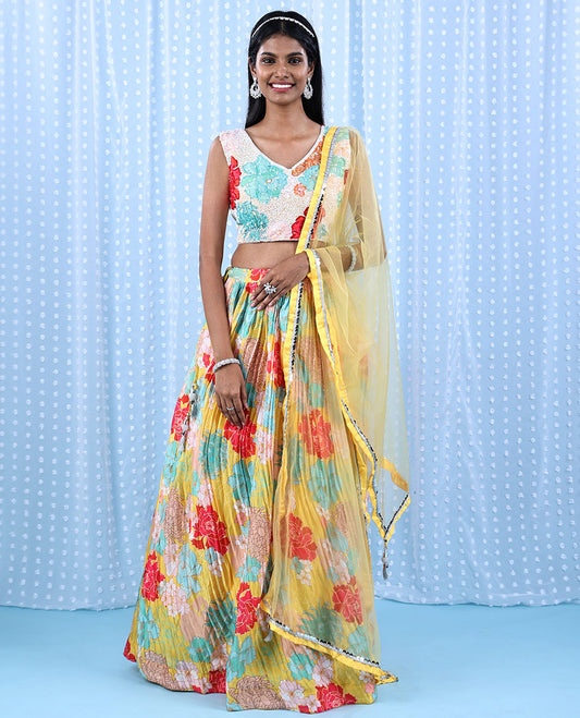 Yellow printed chiffon readymade lehenga with colorful floral skirt,V-neck sequin & sugar bead crop-top & net dupatta
