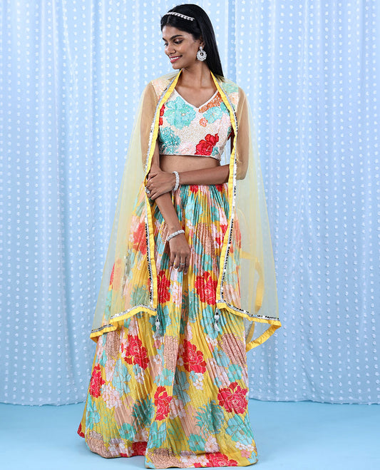Yellow printed chiffon readymade lehenga with colorful floral skirt,V-neck sequin & sugar bead crop-top & net dupatta