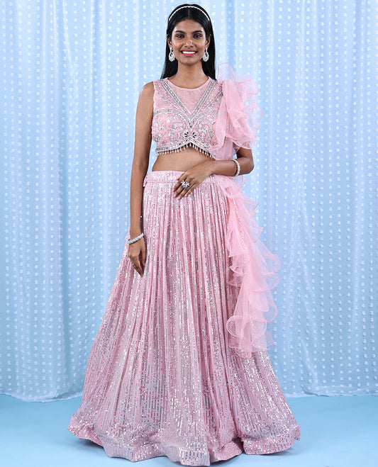 Pink embroidered georgette readymade lehenga with full-sequin skirt,heavy stone & mirror work crop top & ruffle dupatta