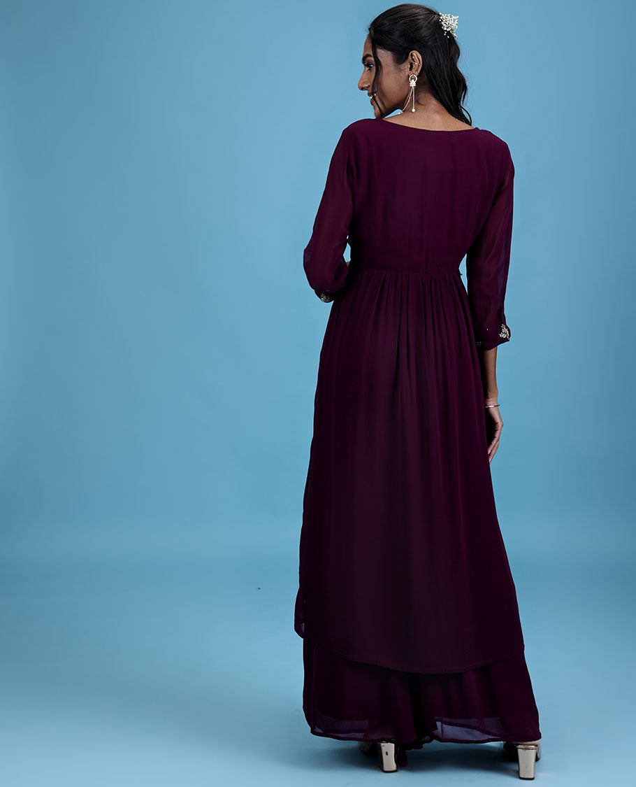 Purple georgette readymade suit with intricate embroidery motif 3/4th sleeve naira cut top & plain bottom