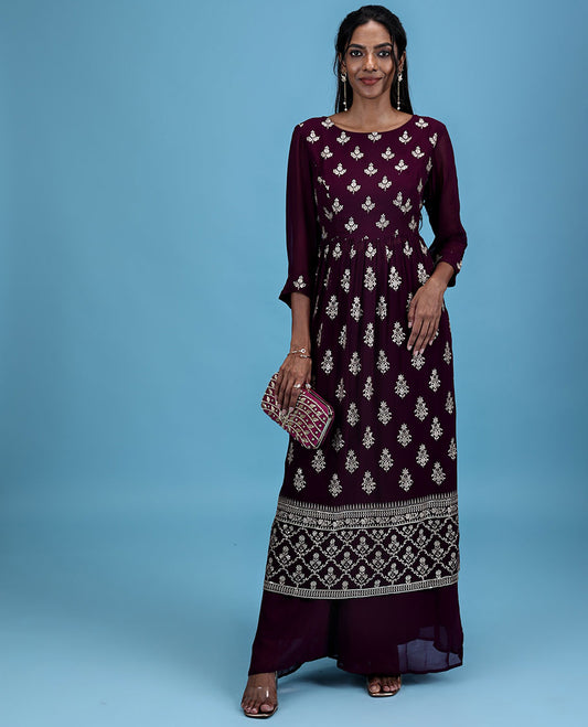 Purple georgette readymade suit with intricate embroidery motif 3/4th sleeve naira cut top & plain bottom