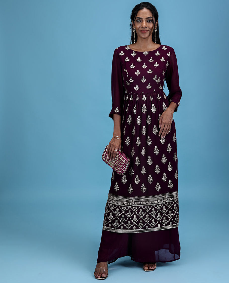 Purple georgette readymade suit with intricate embroidery motif 3/4th sleeve naira cut top & plain bottom