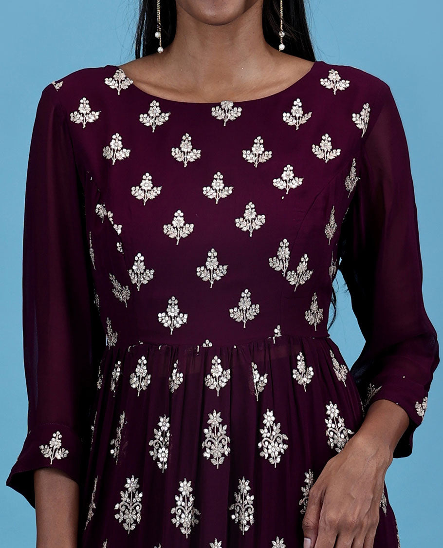 Purple georgette readymade suit with intricate embroidery motif 3/4th sleeve naira cut top & plain bottom