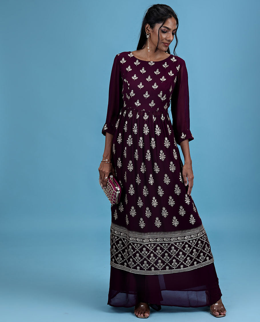 Purple georgette readymade suit with intricate embroidery motif 3/4th sleeve naira cut top & plain bottom