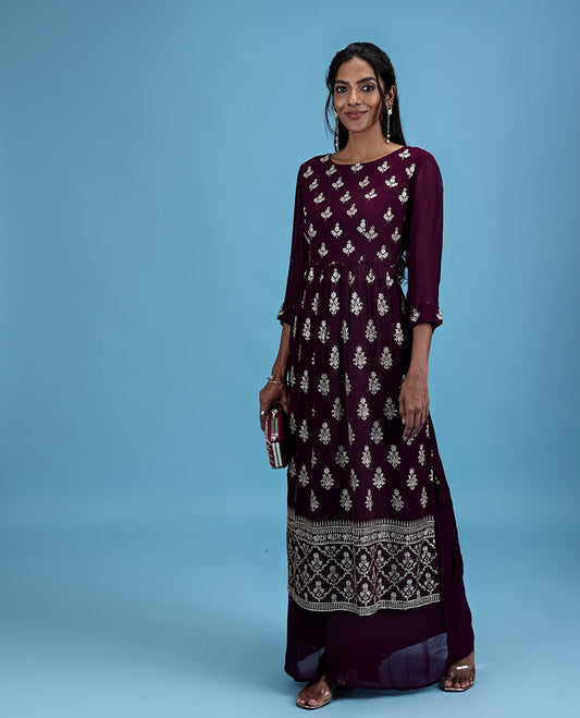 Purple georgette readymade suit with intricate embroidery motif 3/4th sleeve naira cut top & plain bottom