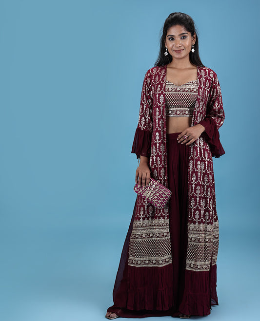 Purple georgette readymade suit with embroidered crop top,jaal foil print & embroidery bell sleeve shrug & sharara pant