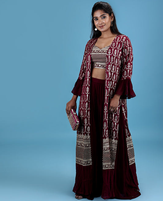 Purple georgette readymade suit with embroidered crop top,jaal foil print & embroidery bell sleeve shrug & sharara pant