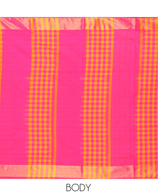 Bright pink plain design with checked Vengatagiri cotton saree, zari border & pallu with thick zari stripes