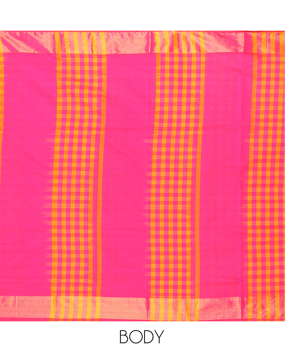 Bright pink plain design with checked Vengatagiri cotton saree, zari border & pallu with thick zari stripes