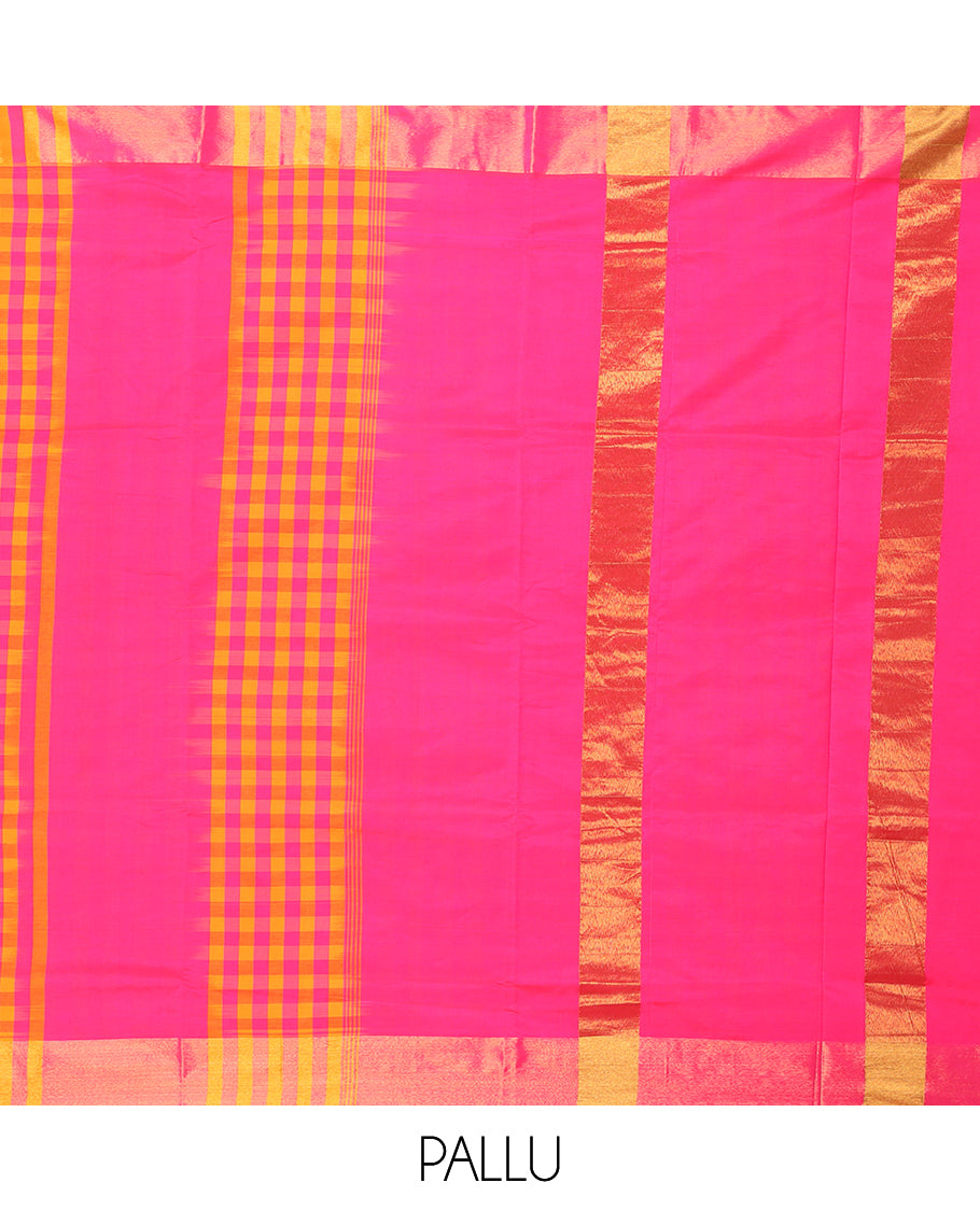 Bright pink plain design with checked Vengatagiri cotton saree, zari border & pallu with thick zari stripes