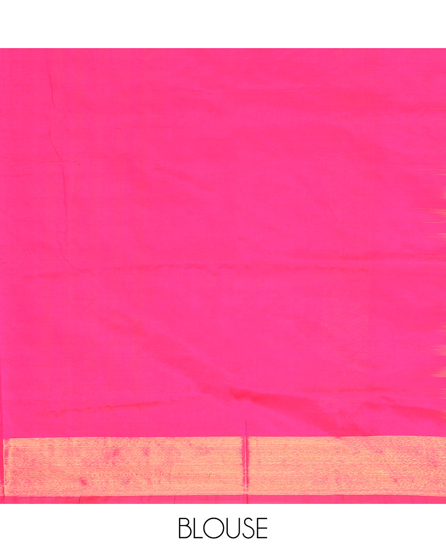 Bright pink plain design with checked Vengatagiri cotton saree, zari border & pallu with thick zari stripes