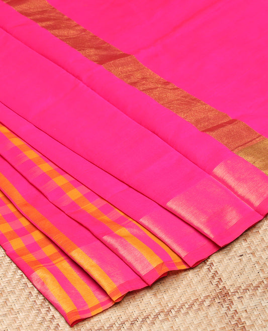 Bright pink plain design with checked Vengatagiri cotton saree, zari border & pallu with thick zari stripes