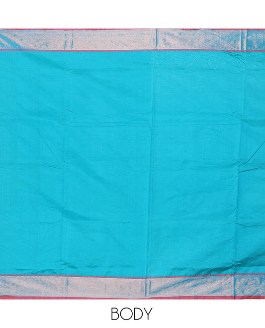 Fuchsia pink plain design vengatagiri cotton saree, zari plain border & contrast pallu of thick zari stripes