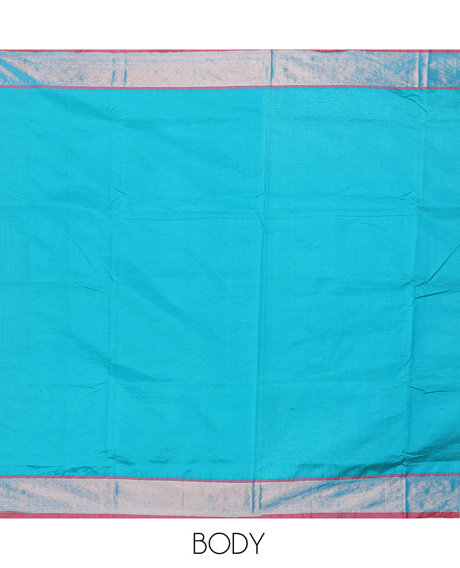 Fuchsia pink plain design vengatagiri cotton saree, zari plain border & contrast pallu of thick zari stripes