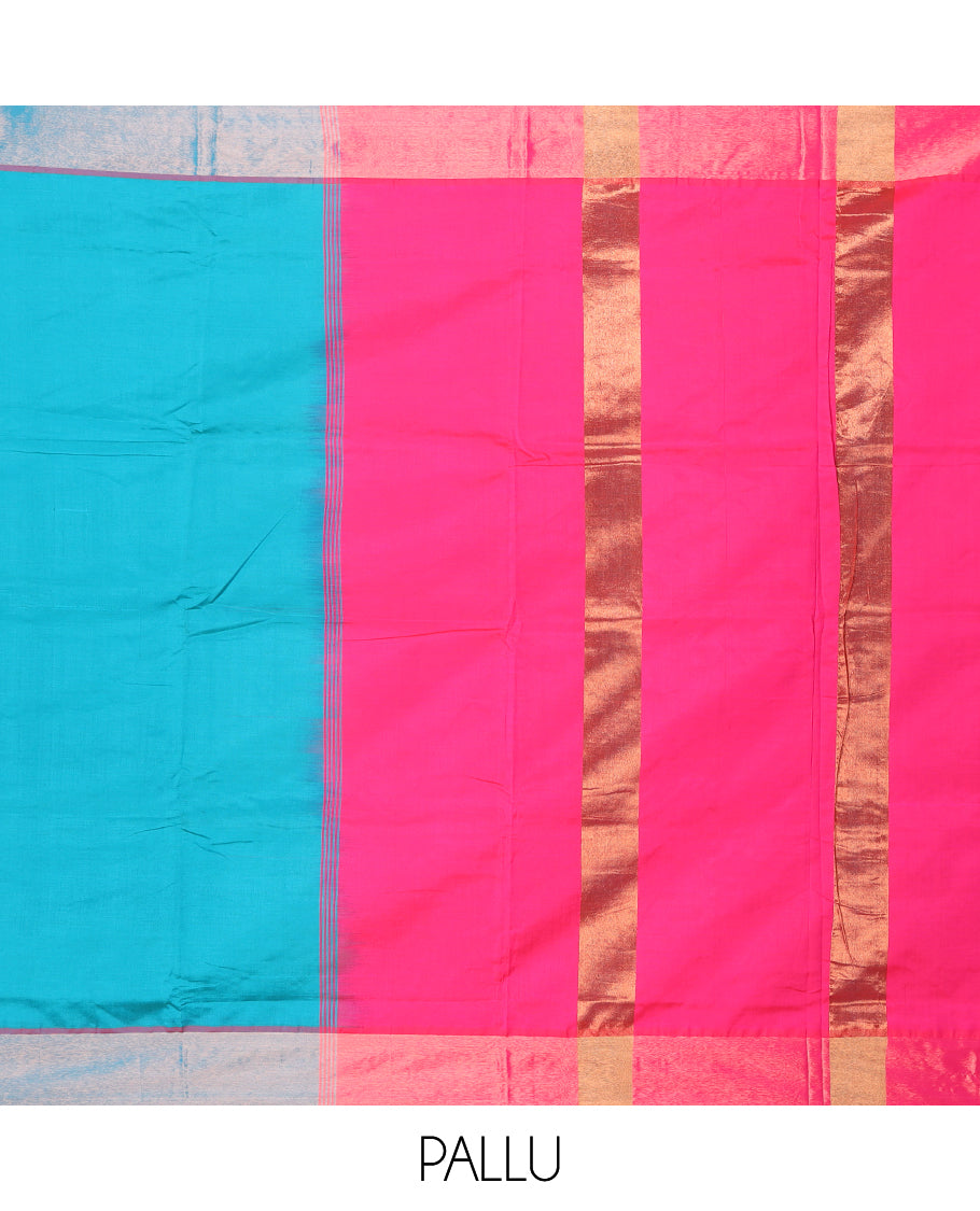Fuchsia pink plain design vengatagiri cotton saree, zari plain border & contrast pallu of thick zari stripes