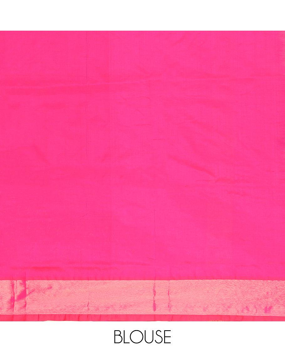 Fuchsia pink plain design vengatagiri cotton saree, zari plain border & contrast pallu of thick zari stripes
