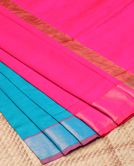 Fuchsia pink plain design vengatagiri cotton saree, zari plain border & contrast pallu of thick zari stripes