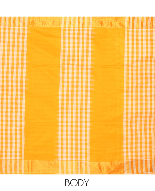Mango yellow plain with checked design Vengatagiri cotton saree, zari border & pallu with thick zari stripes