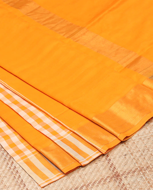 Mango yellow plain with checked design Vengatagiri cotton saree, zari border & pallu with thick zari stripes