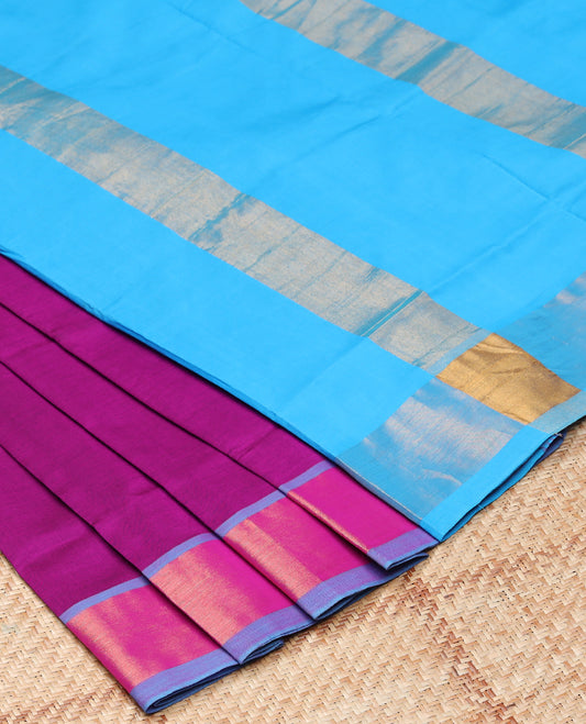 Purple plain design Vengatagiri cotton saree, zari plain border & contrast pallu of thick zari stripes