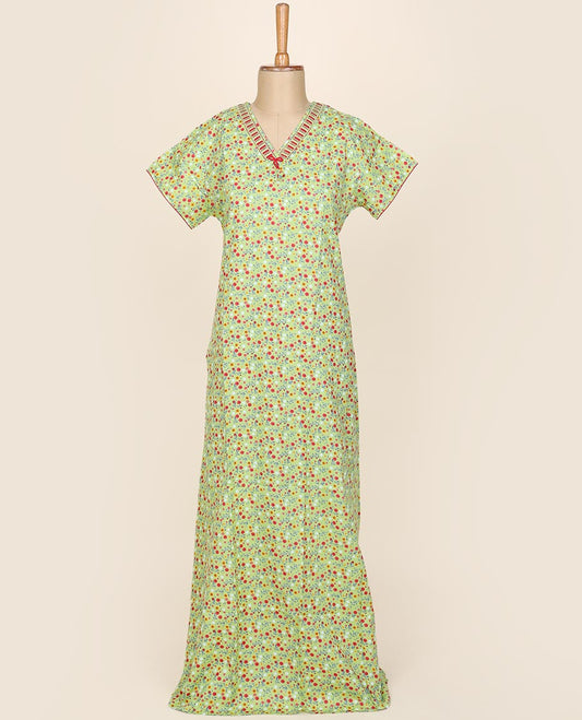 Pale green intricate tiny floral printed v-neck cotton half-sleeve nightie