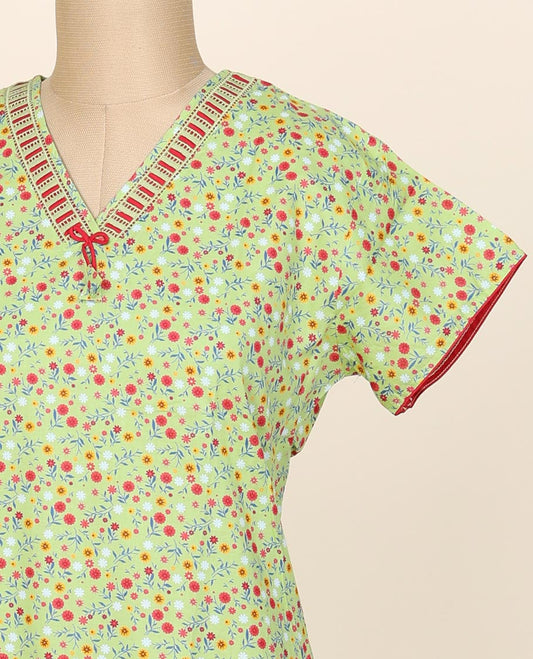 Pale green intricate tiny floral printed v-neck cotton half-sleeve nightie