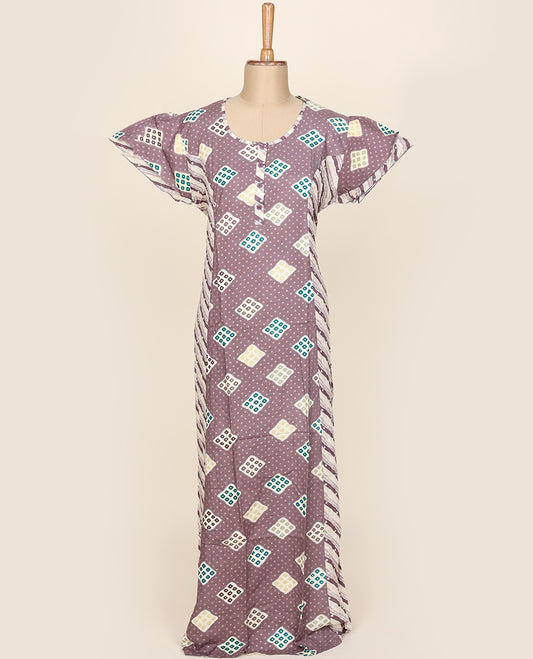 Multi-colour intricately printed button-type cotton half-sleeve nightie