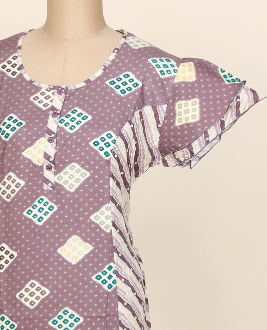 Multi-colour intricately printed button-type cotton half-sleeve nightie