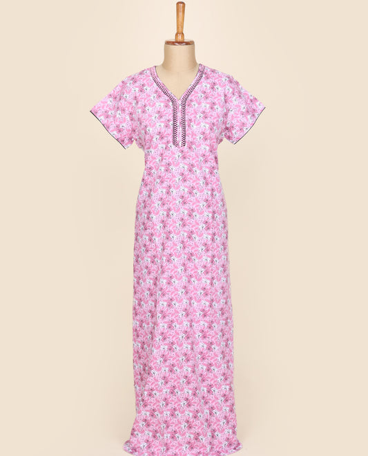 Lite pink & white floral motifs printed button-style cotton half-sleeve nightie