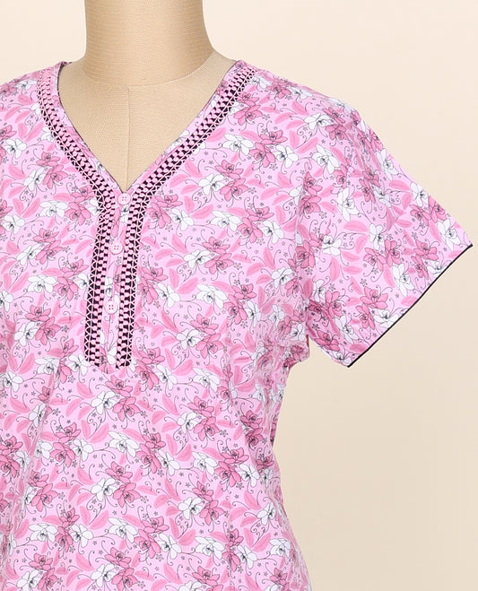 Lite pink & white floral motifs printed button-style cotton half-sleeve nightie