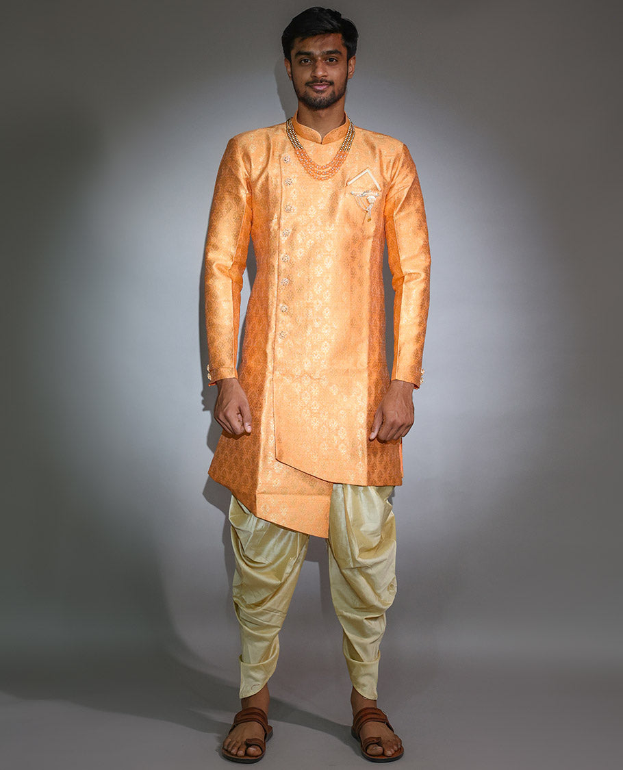 Bright orange pure silk nawabi suit features intricate jacquard design full-sleeve kurta & contrast patiala-style pants