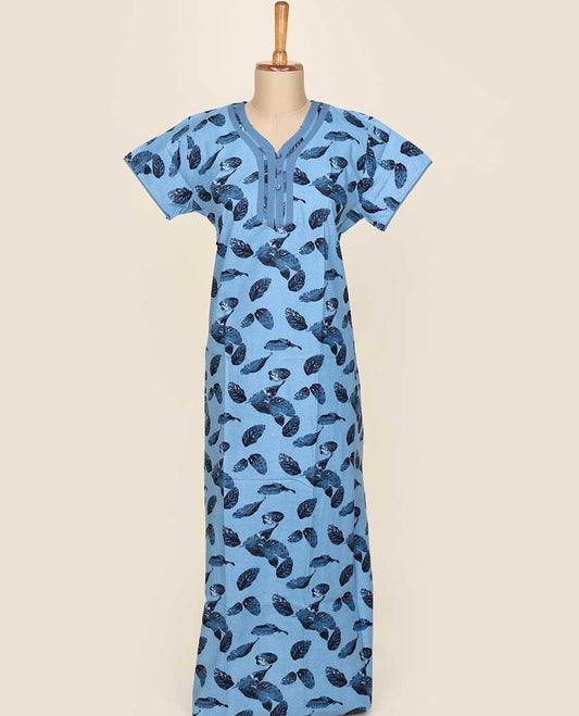 Elegant blue leaf motifs printed button-type cotton half-sleeve nightie