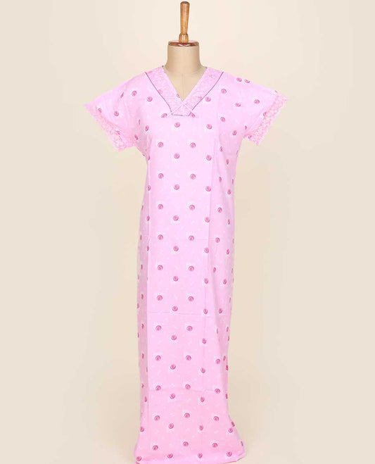 Lite pink uniquely printed V-neck cotton half-sleeve nightie