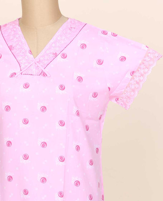 Lite pink uniquely printed V-neck cotton half-sleeve nightie