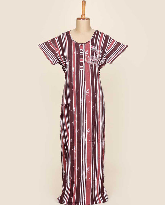 Brown striped design printed & embroidered button-style cotton half-sleeve nightie
