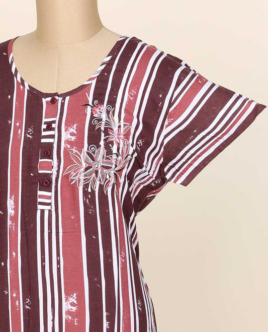 Brown striped design printed & embroidered button-style cotton half-sleeve nightie