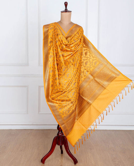 Mango yellow zari jacquard banaras dupatta features paisley jaal & ogee pattern with tassels