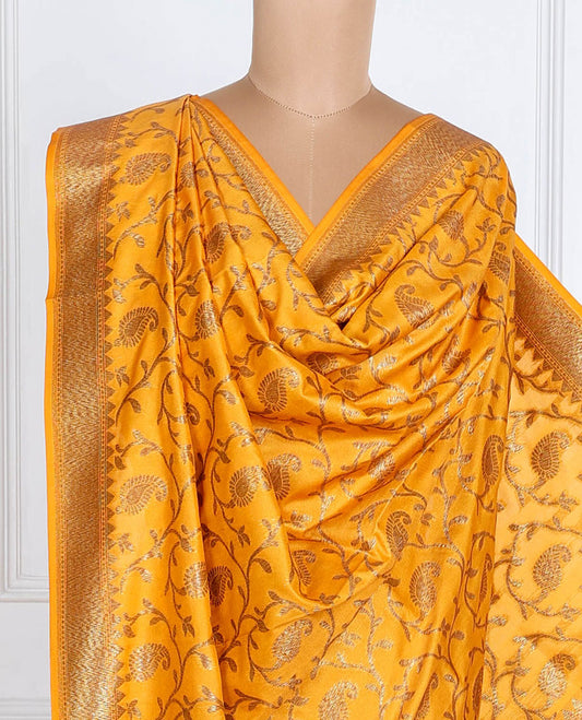 Mango yellow zari jacquard banaras dupatta features paisley jaal & ogee pattern with tassels