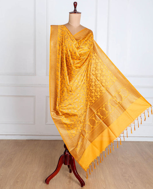 Mango yellow banaras zari jacquard dupatta features intricate floral jaal design with tassels