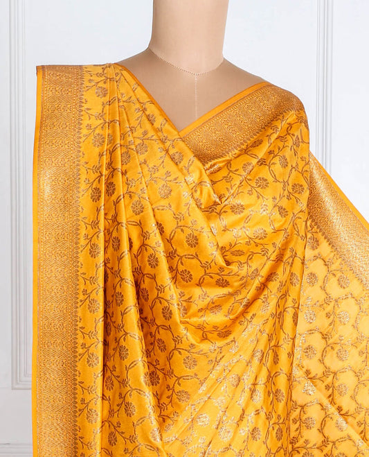 Mango yellow banaras zari jacquard dupatta features intricate floral jaal design with tassels