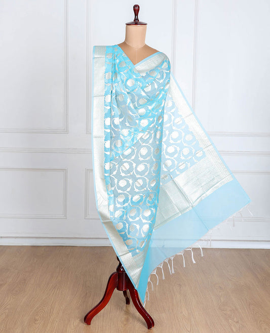 Powder  blue zari jacquard banaras dupatta features intricate floral jaal design with tassels