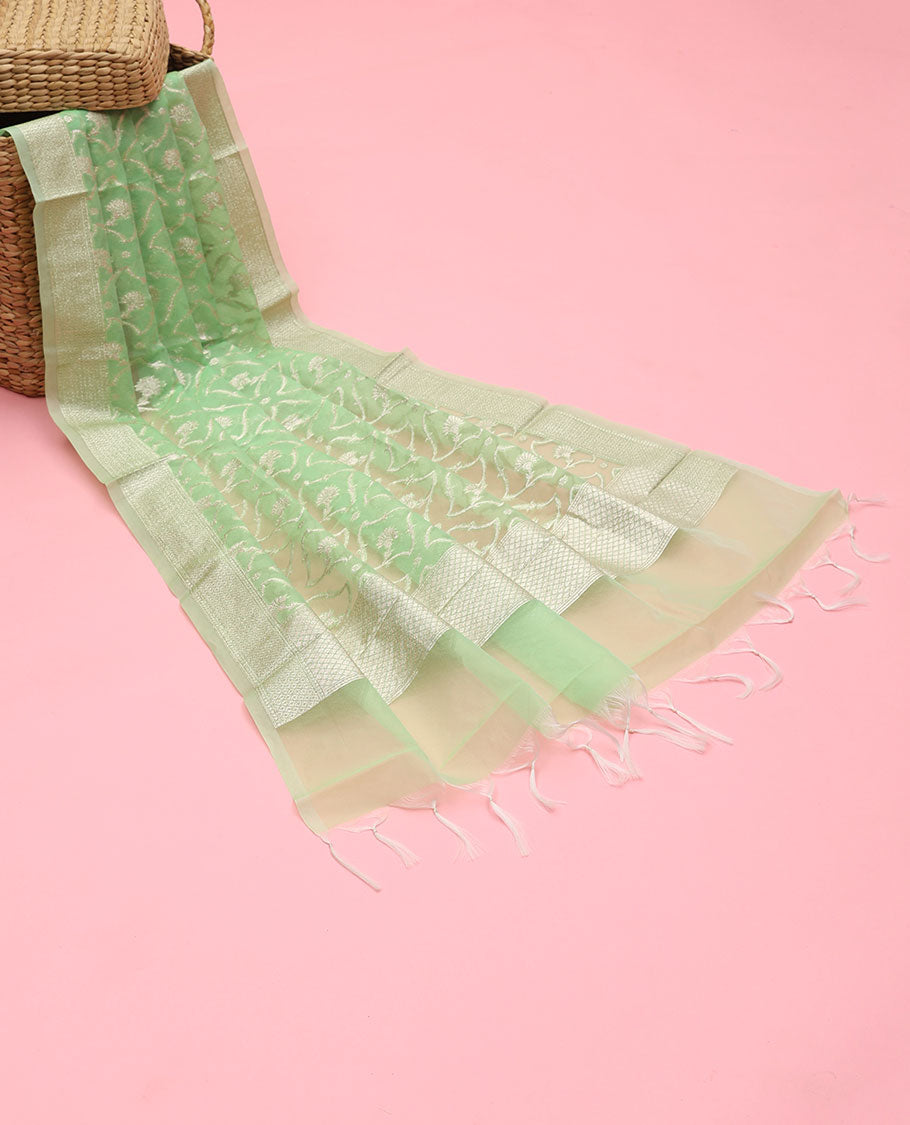 Lite pistachio green Banaras-style organza dupatta features floral jaal designs with tassels