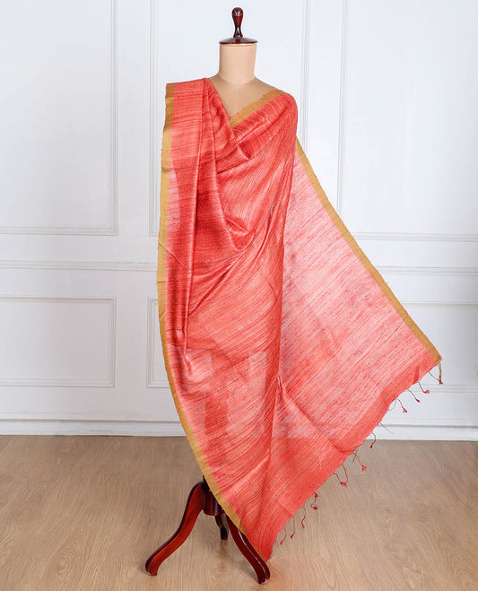 Red plain design Tussar Dupatta with contrast thin border & tassels