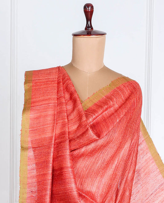 Red plain design Tussar Dupatta with contrast thin border & tassels