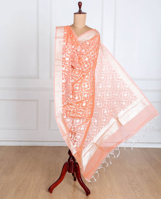 Cantaloupe orange banaras-style organza dupatta features floral jaal designs with tassels